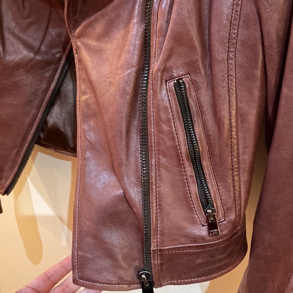 DONNA Lamarque Iconic Leather Biker Jacket Brown size XS - Picture 6 of 8